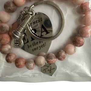 Bracelet Keychain Set Pink Stone Beads Guitar Pick Microphone Charm‎ Gift